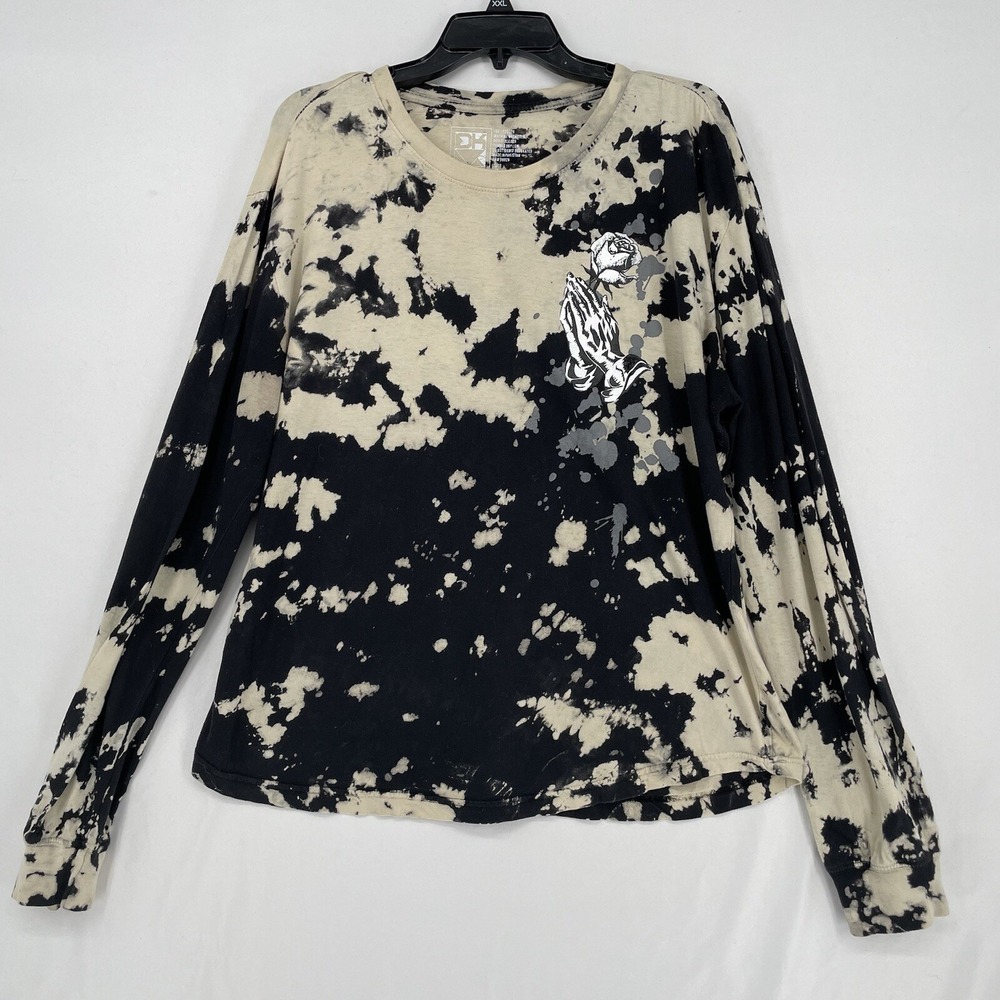 Dikotomy DK Tie Dye Two Toned Long Sleeve Shirt Black Tan Skeleton Hands Prayer